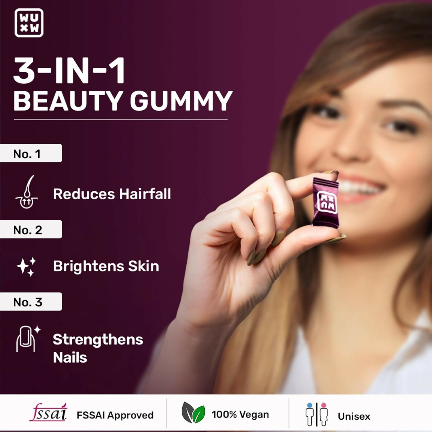 What's Up Wellness Beauty Gummies With Biotin, Zinc, Folic Acid For Hair, Skin & Nails
