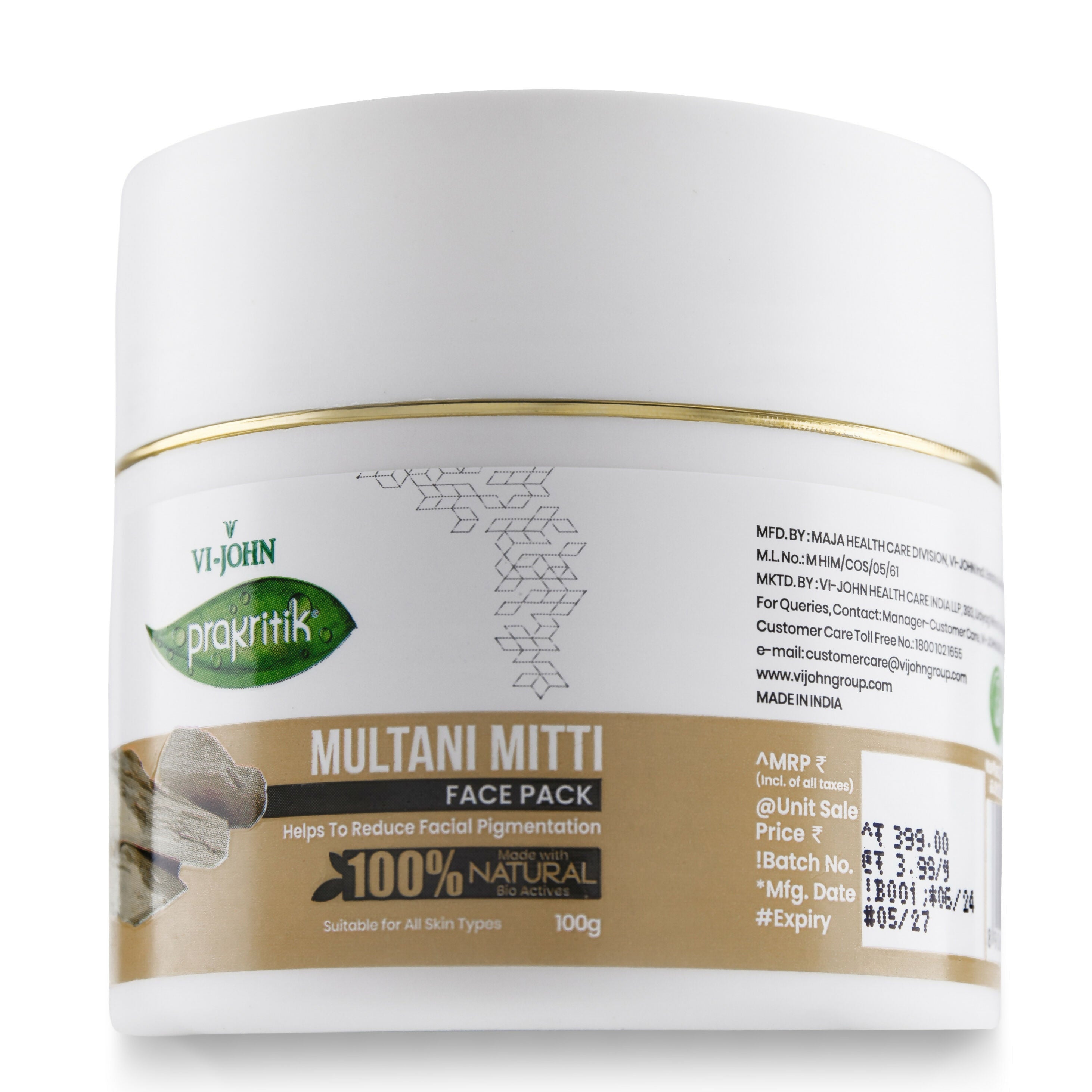 VI-JOHN Prakritik Multani Mitti Face Pack Controls Sebum Made With 100% Natural Bio Actives