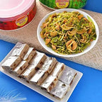 Sea Blue Embellished Rakhi & Kaju Anjeer Barfi Hamper