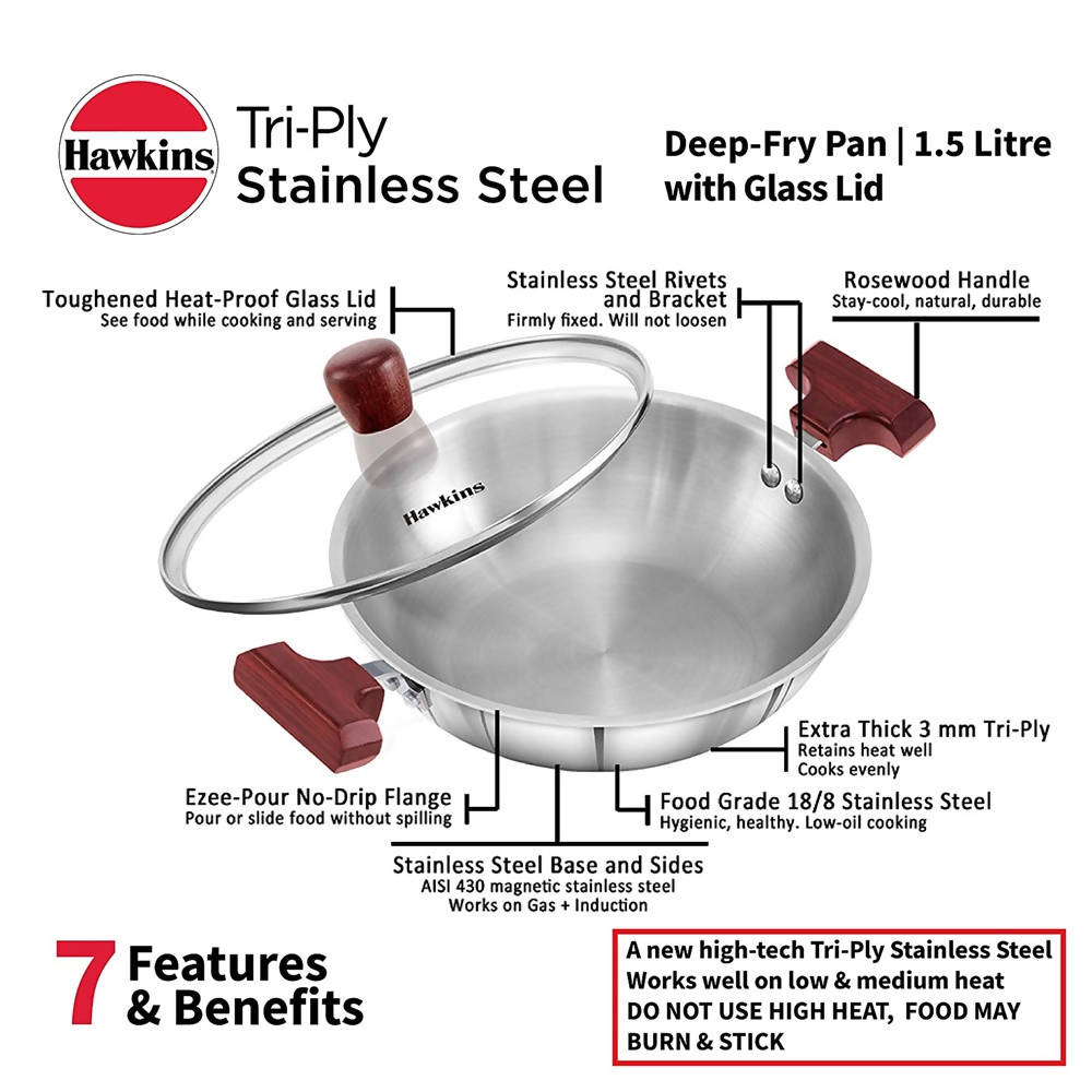 Hawkins Tri-Ply Stainless Steel Deep-Fry Pan with Glass Lid Silver (SSD15G)