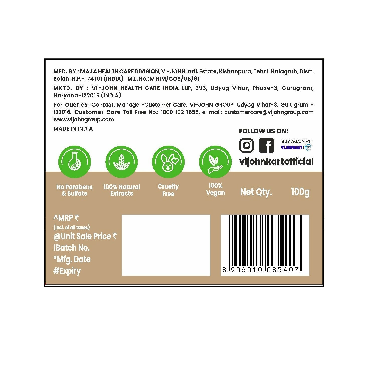 VI-JOHN Prakritik Multani Mitti Face Pack Controls Sebum Made With 100% Natural Bio Actives