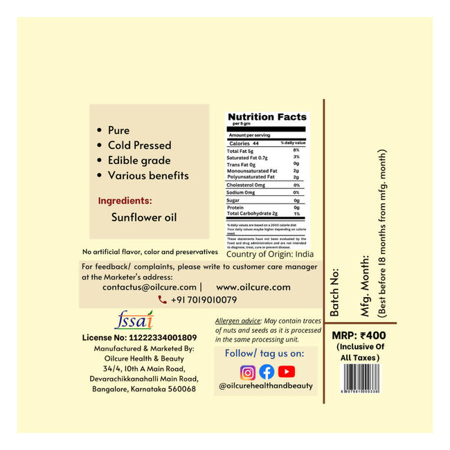 Oilcure Virgin Sunflower Oil Main Image