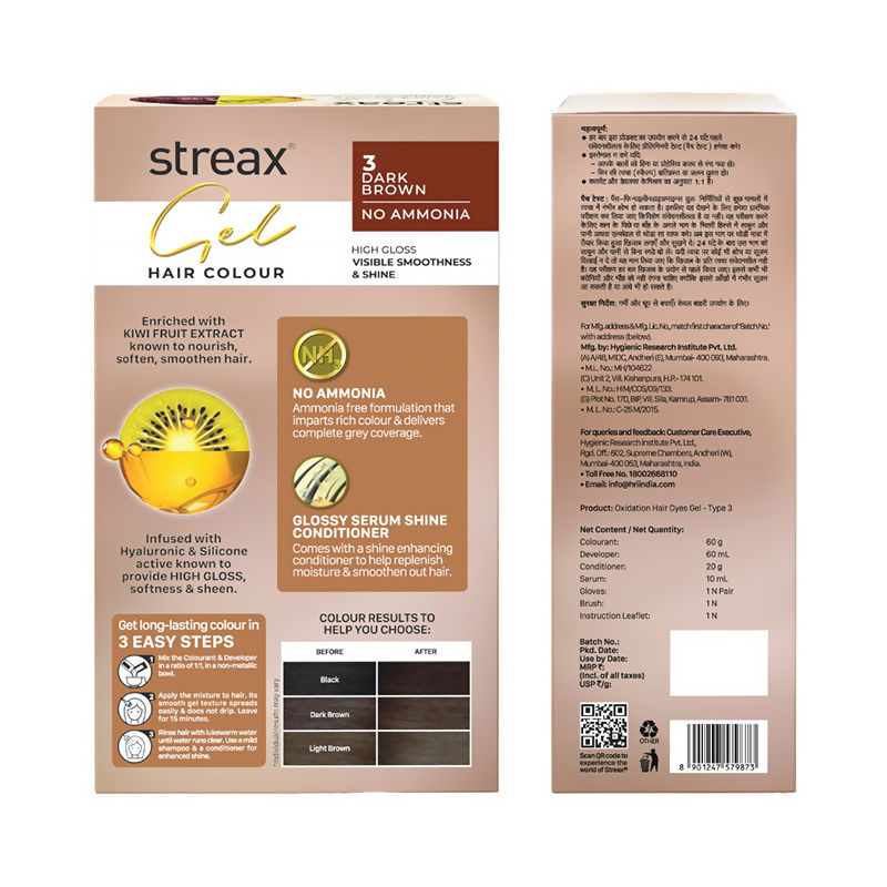 Streax Gel No Ammonia 100% Grey Coverage Hair Color - Dark Brown 3