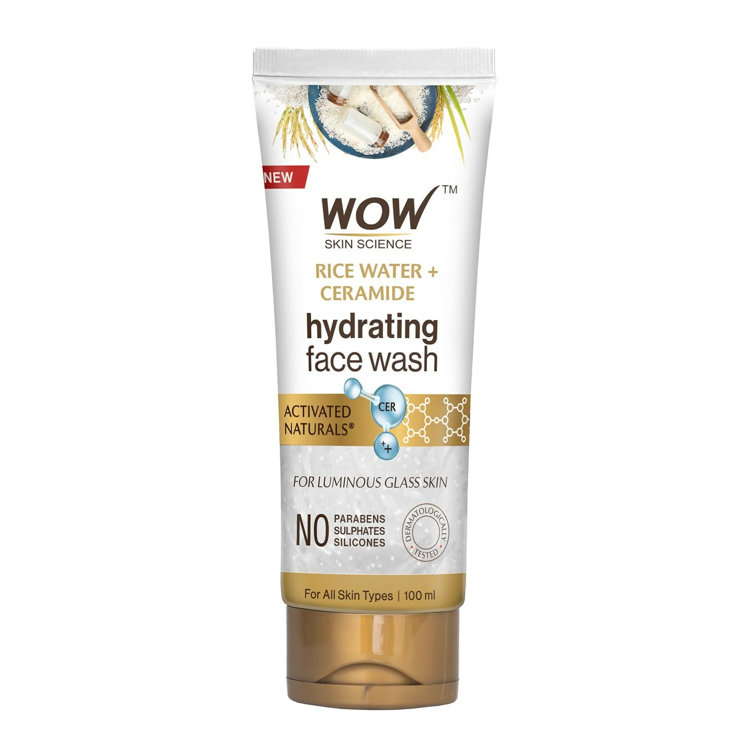 WOW Skin Science Rice Water & Ceramide Hydrating Face Wash, Brightens Skin, Tightens Pores