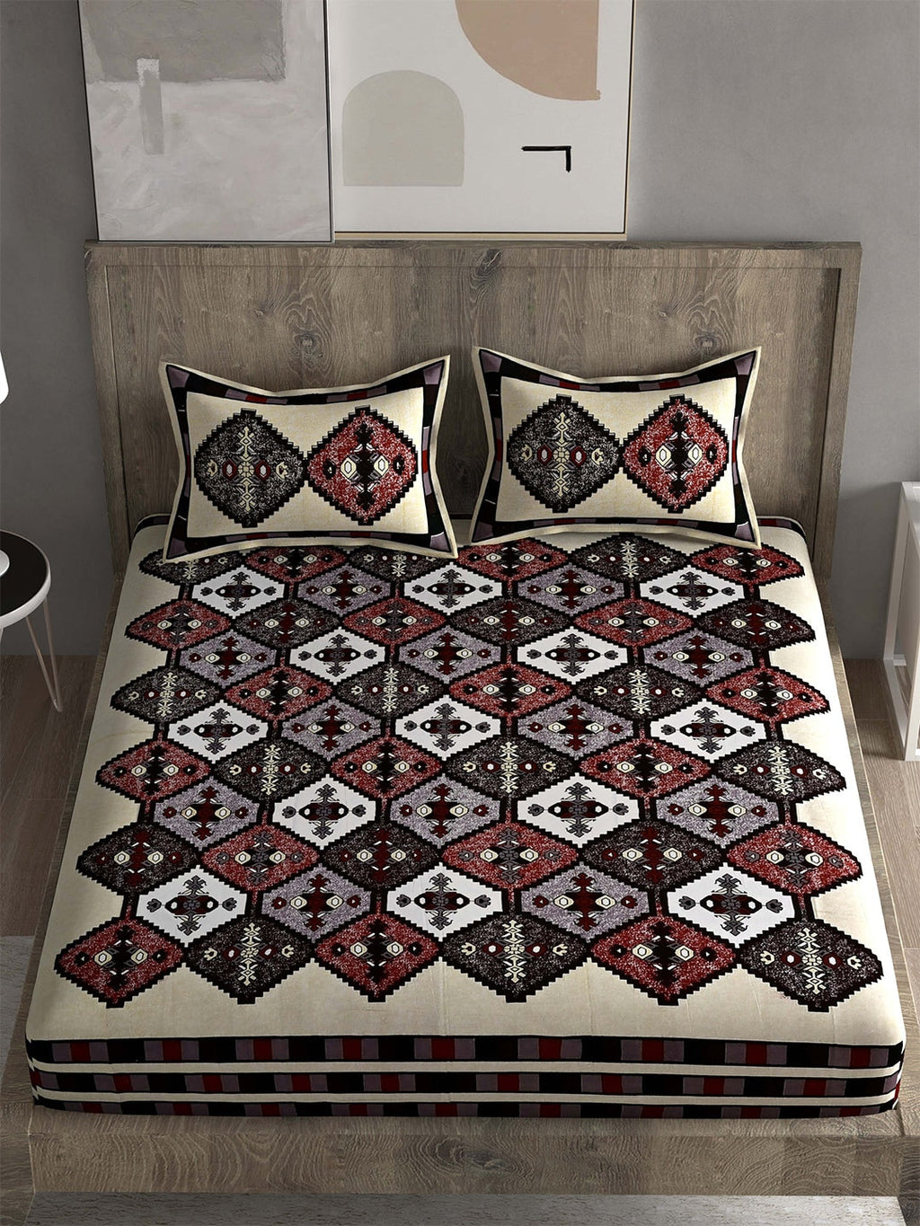 Spangle White & Maroon Ethnic Motifs 260 TC Cotton King Bedsheet with 2 Pillow Covers