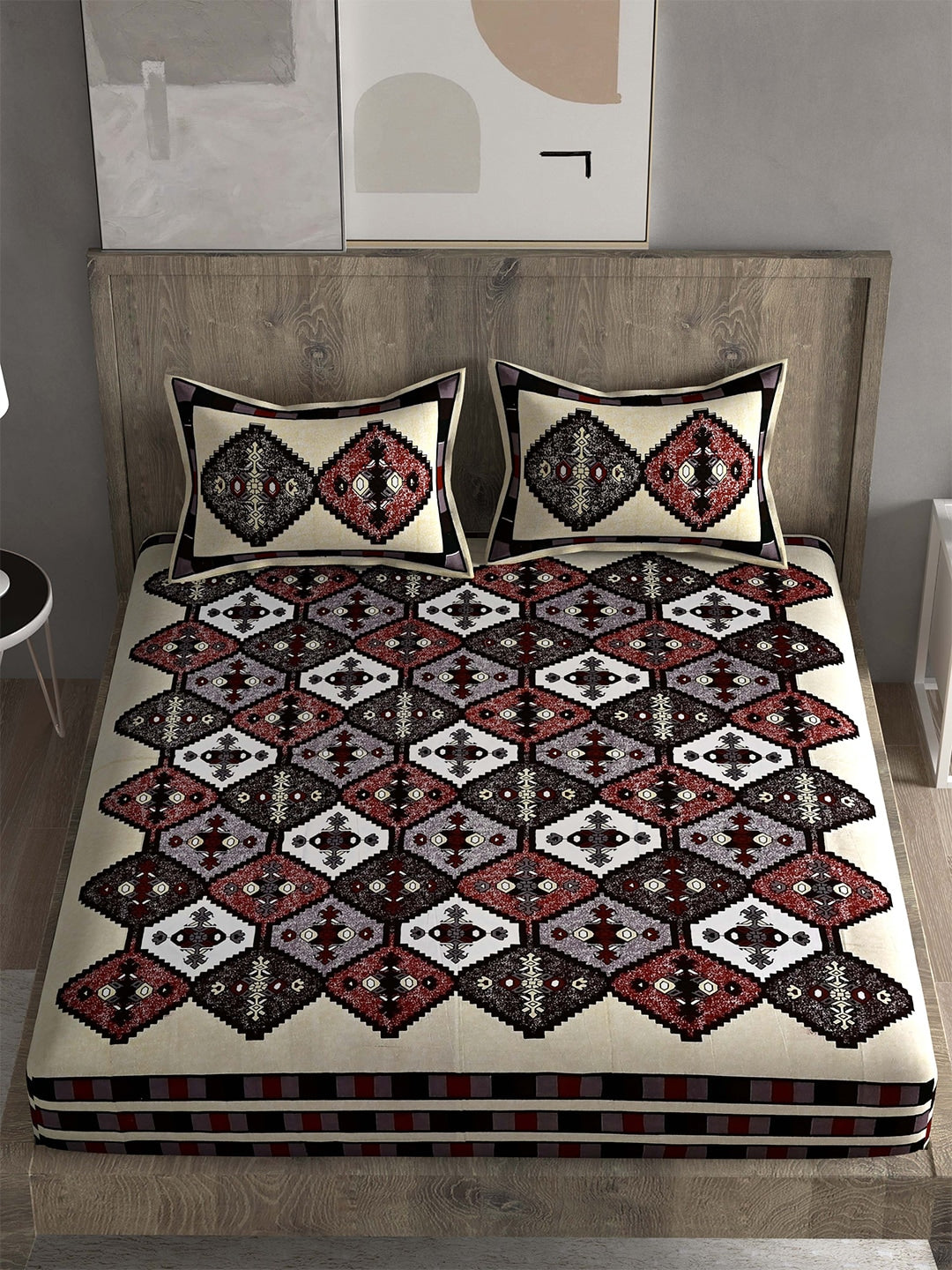 Spangle White & Maroon Ethnic Motifs 260 TC Cotton King Bedsheet with 2 Pillow Covers