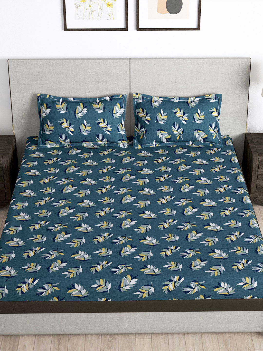 Story@home Arena Grey & Yellow Floral Printed 180 TC Queen Bedsheet & 2 Pillow Covers