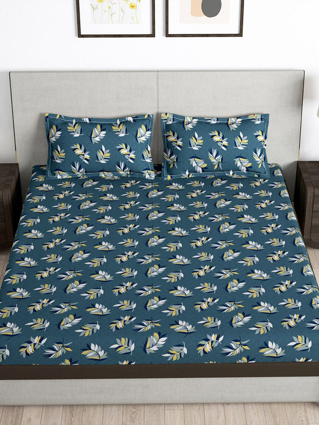 Story@home Arena Grey & Yellow Floral Printed 180 TC Queen Bedsheet & 2 Pillow Covers Main Image