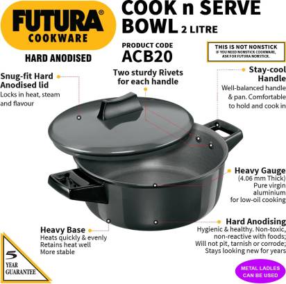 Hawkins Futura Hard Anodised Cook-n-Serve Bowl Handi 2 L with Lid (ACB20)
