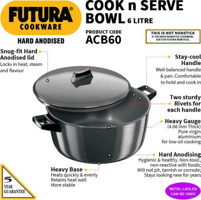 Hawkins Futura Hard Anodised Cook-n-Serve Bowl 6 L Capacity (ACB60)