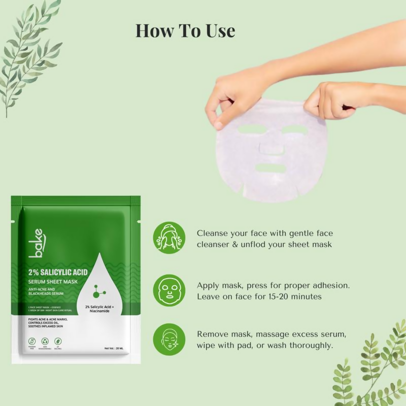 Bake 2% Salicylic Acid Sheet Mask For Black Heads, Oily And Acne Prone Skin