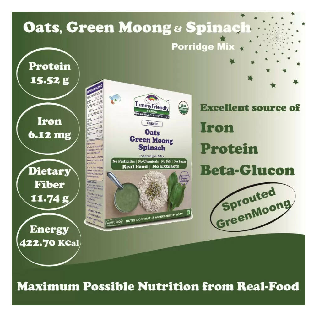 TummyFriendly Foods Certified Organic Oats, Green Moong, Spinach Porridge Mix for 8 Months Old