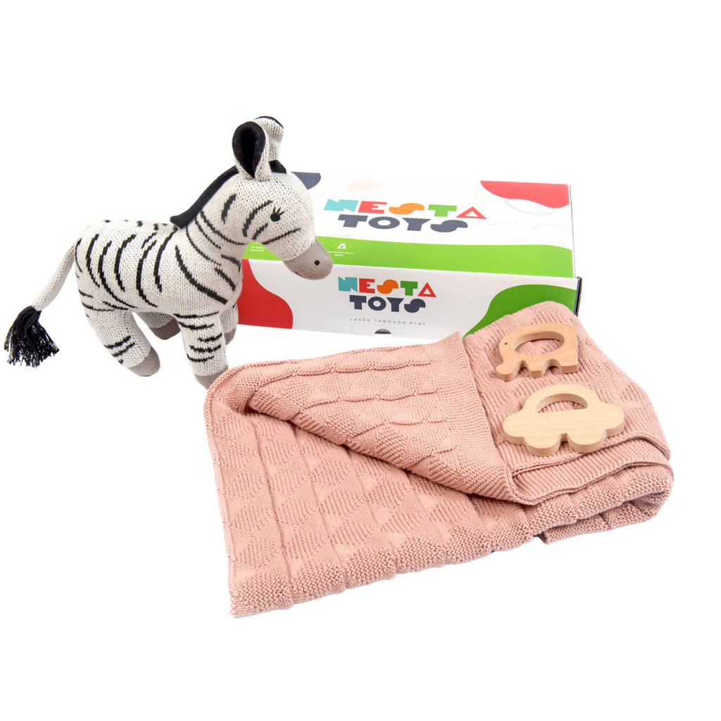 Nesta Toys Newborn Gift Set - Knitted Cotton Blanket, Zebra Plush Toy, Elephant & Car Teether