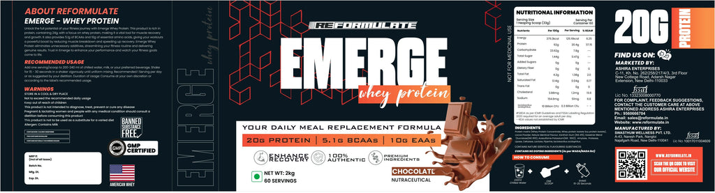 Reformulate Emerge I Whey Protein I Your Daily Meal Replacement Formula I 20 G I Protein I 5.1 G Bcaa's I 10 G Eaa's - Chocolate