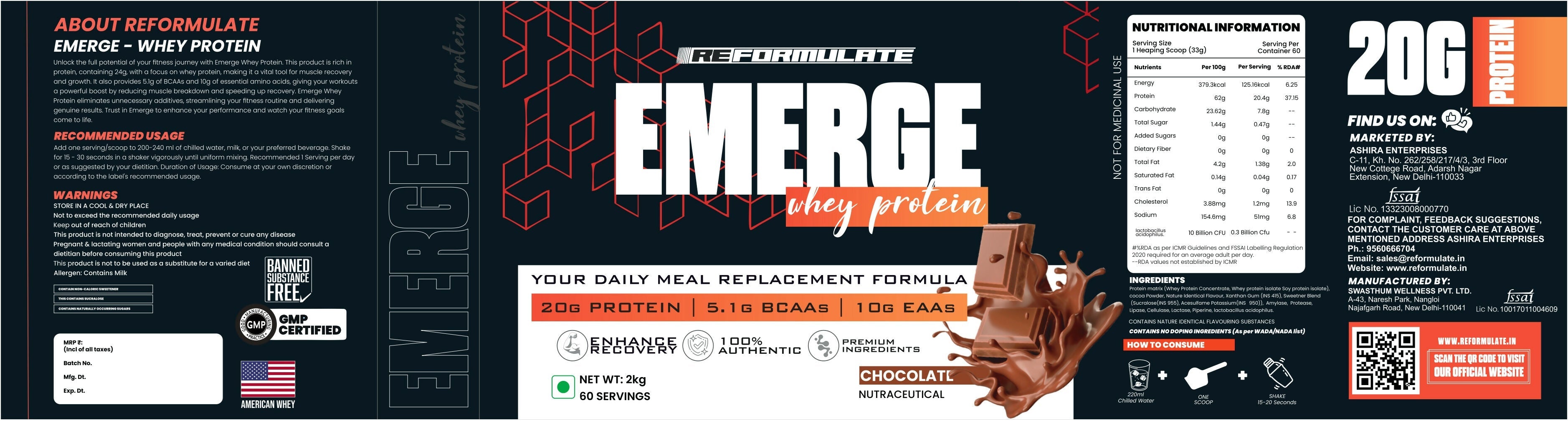 Reformulate Emerge I Whey Protein I Your Daily Meal Replacement Formula I 20 G I Protein I 5.1 G Bcaa's I 10 G Eaa's - Chocolate