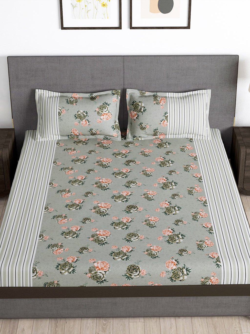 Story@home Arena Grey & Pink Floral Printed 180 TC Bedsheet & Pillow Covers