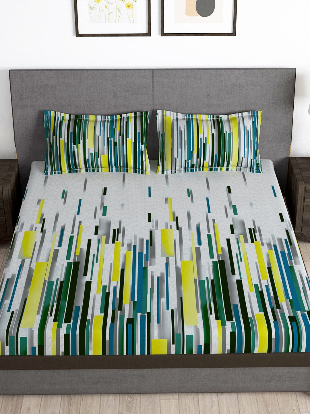 Story@home Arena White & Grey Printed 180 TC Bedsheet & Pillow Covers