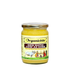 Organicbite Desi Rathi Cow A2 Ghee | Vedic Bilona Method, Curd-Churned Excellence in Grass-Fed Rathi Cow Ghee,Pure & Healthy, Packed in Glass Jar