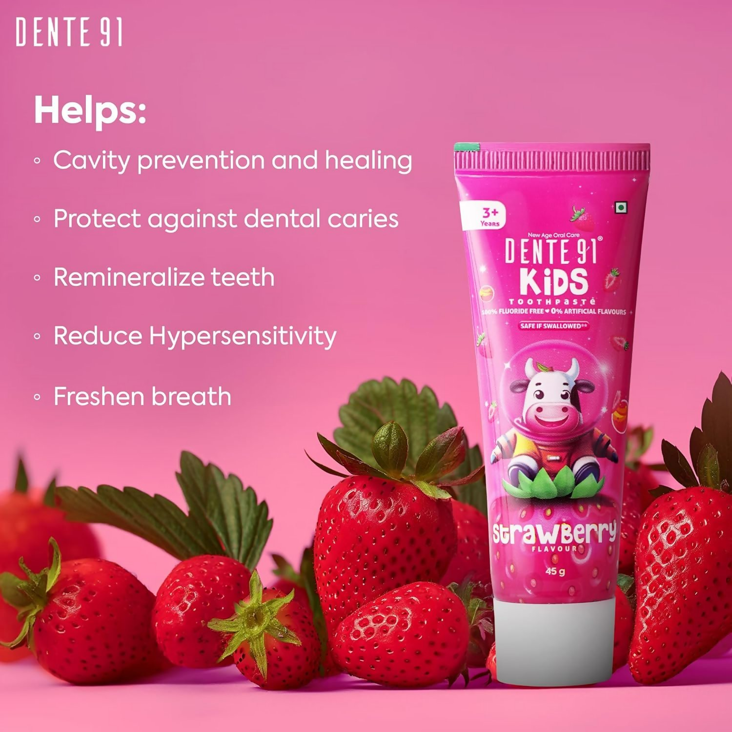 Dente91 Kids Toothpaste Protects Against Dental Caries & Hypersensitivity Fluoride Free Strawberry Flavour