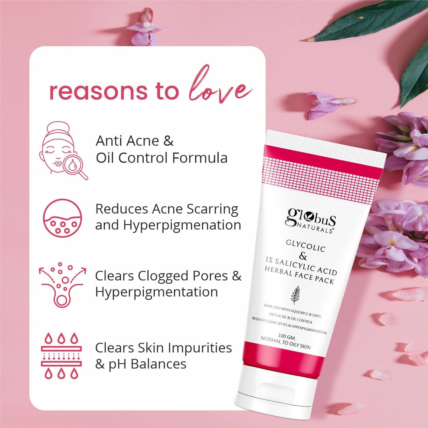 Globus Naturals Anti Acne Glycolic & 1 % Salicylic Acid Face Pack, For Acne Prone & Oily Skin