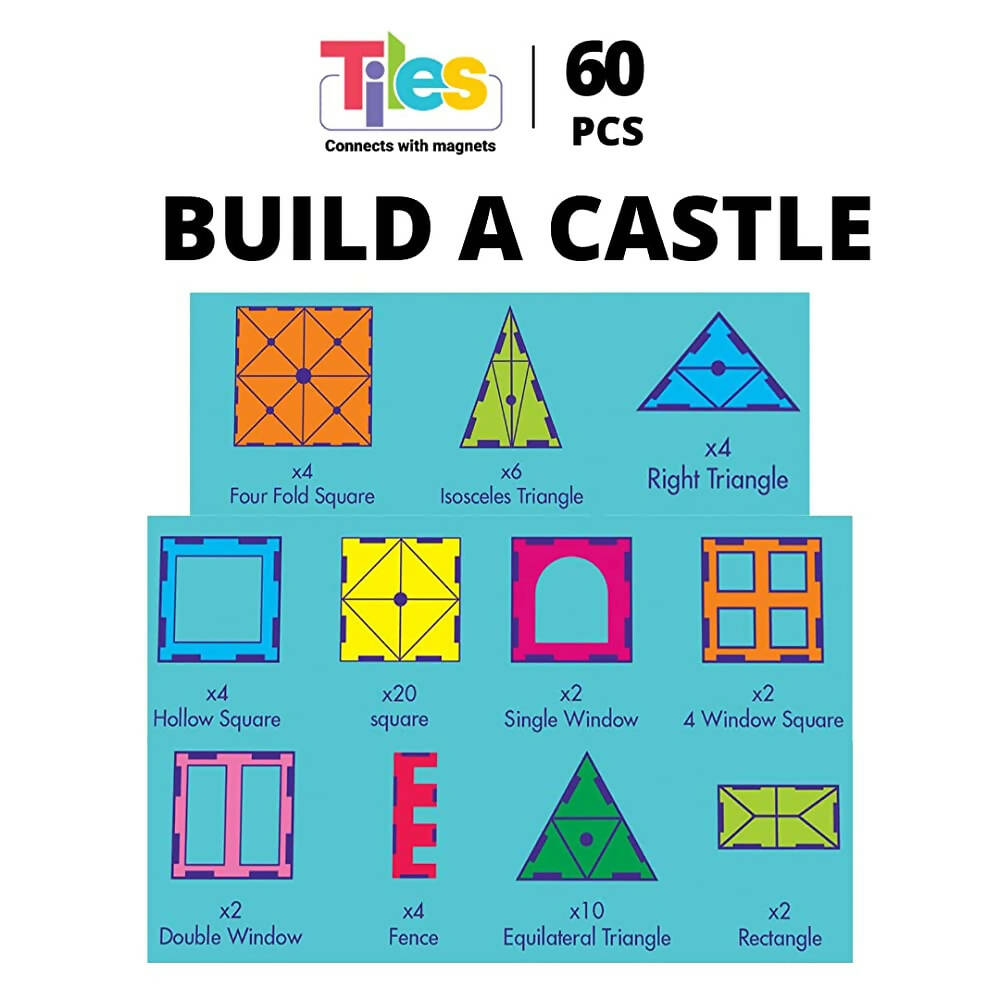 Kipa MagPlay Build A Castle 60 Pcs Magnetic Tiles Set with Storage Container, Constructing and Creative Learning Educational Toy with BagPack for Kids
