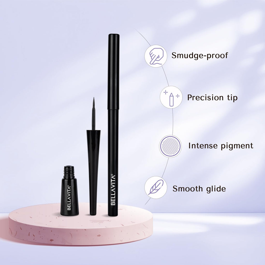 BELLAVITA Intense Drama Waterproof Eyeliner, Black, Matte Finish, Smudge - Proof, Fast - Drying, Felt Tip Applicator, Enriched with Biotin, 3.5 ml - Vamzn#