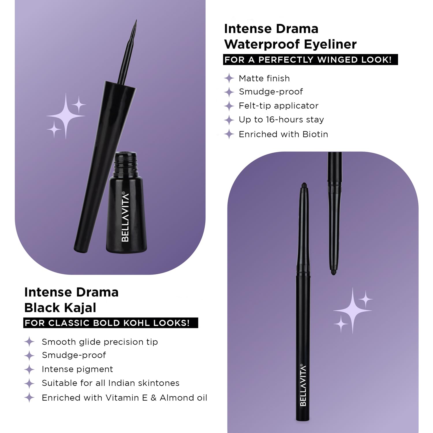 BELLAVITA Intense Drama Waterproof Eyeliner, Black, Matte Finish, Smudge - Proof, Fast - Drying, Felt Tip Applicator, Enriched with Biotin, 3.5 ml - Vamzn#