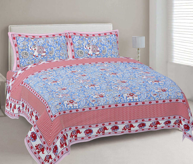 Rudra Bazaar Red Blue 210 TC Cotton Double King Bedsheet With 2 Pillow Covers Hover Image