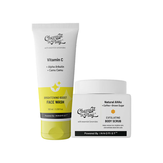 Chemist At Play Exfoliating Body Scrub + Brightening Boost Vitamin C Face Wash Combo Hover Image