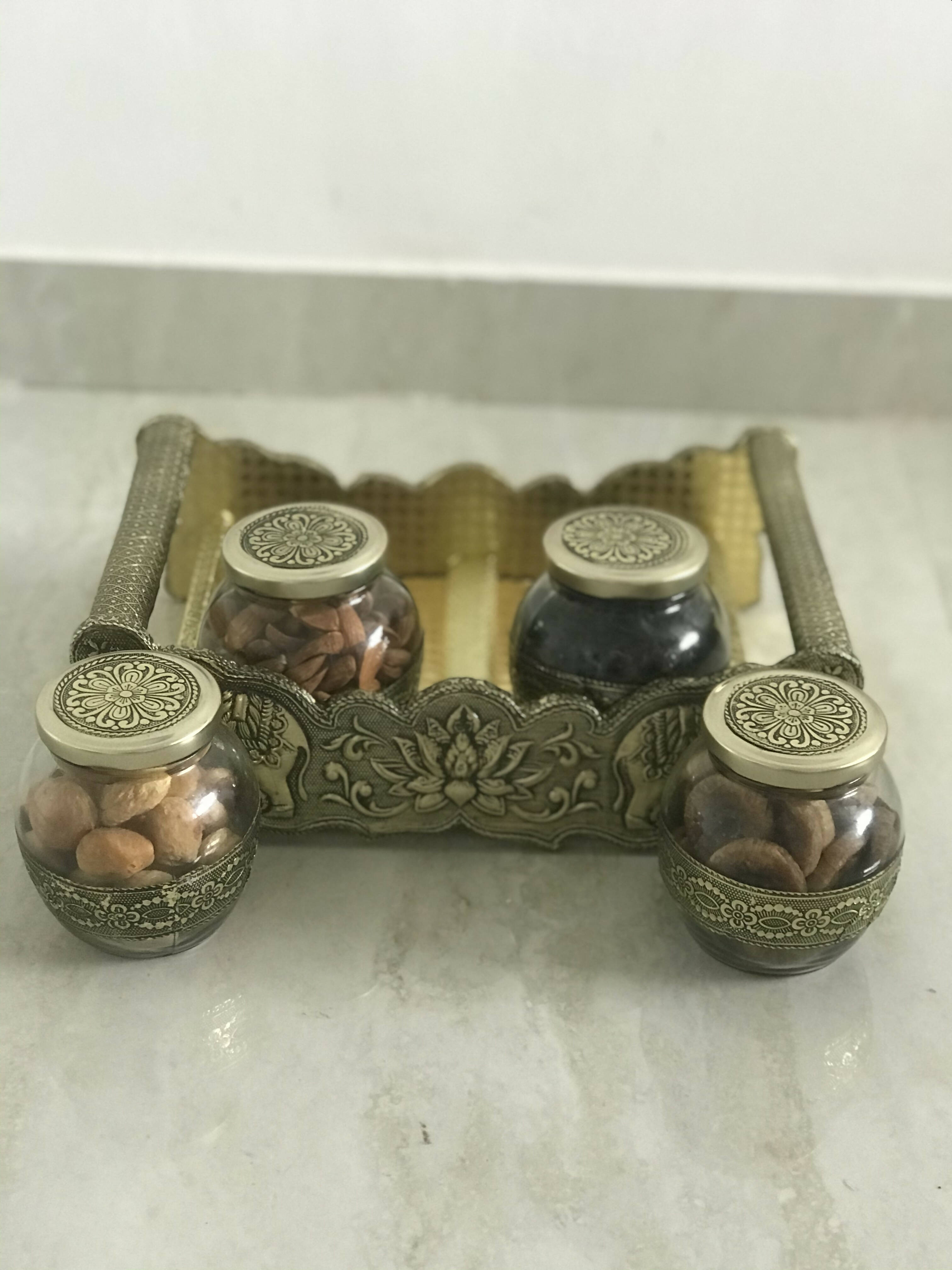 SK Mithaii | Assorted 4 Designed Jar Dry Fruit Tray | Almonds | Apricots | Figs | Black Resins