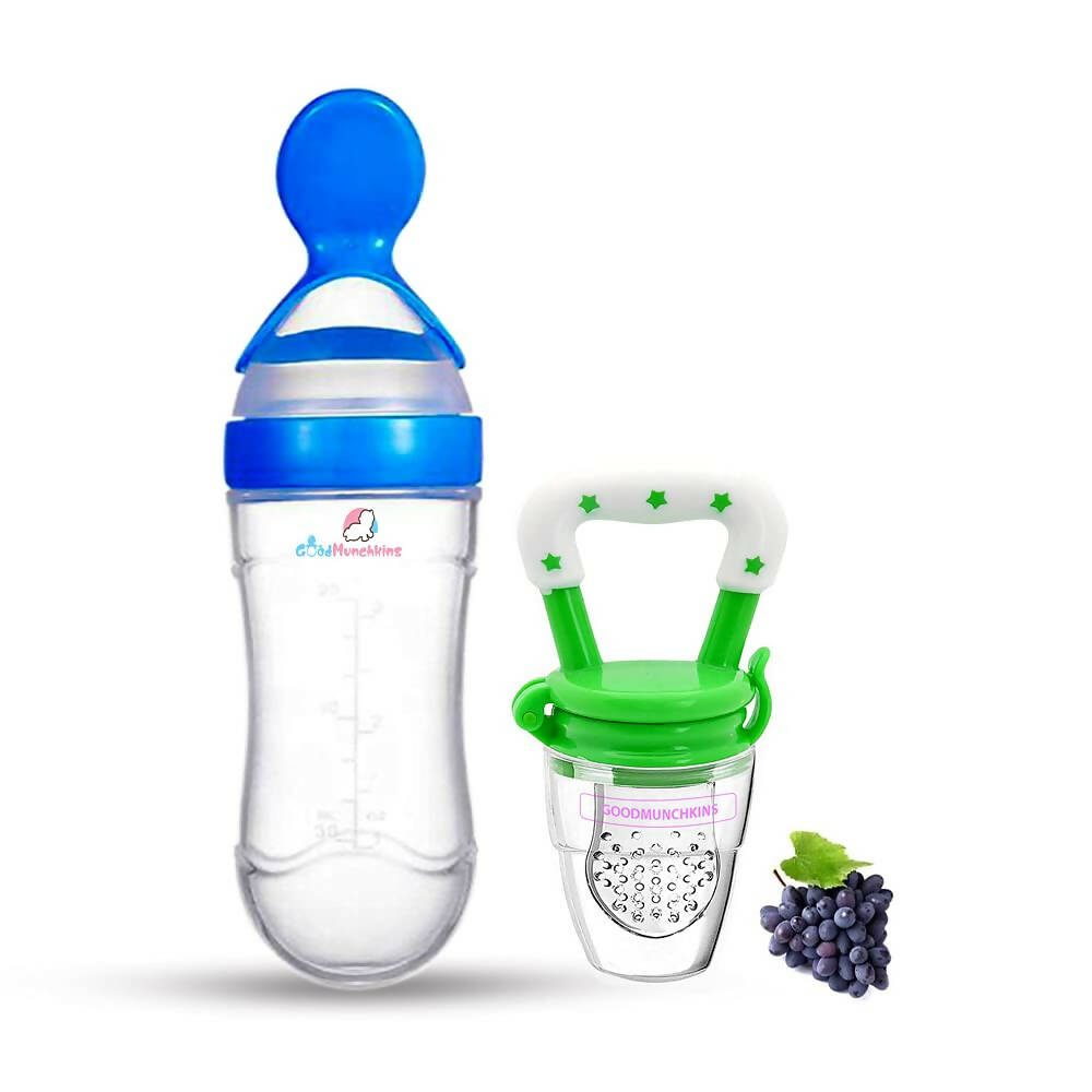 Goodmunchkins Silicone Spoon Food Feeder & Fruit Feeder for Toddlers Food Grade Silicone Bottle 90ml-Blue