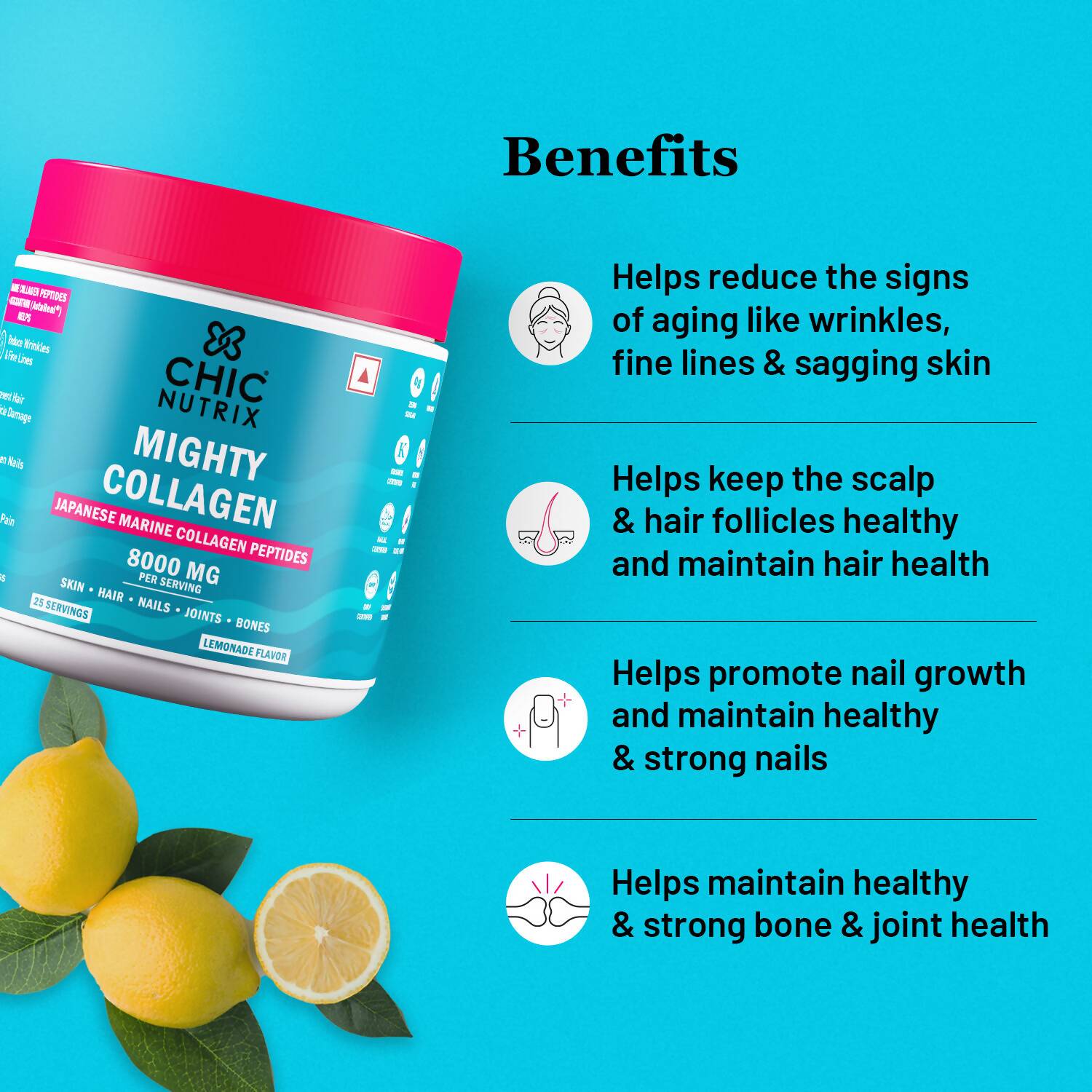 Chicnutrix Mighty Collagen Japanese Collagen Powder For Skin, Hair, Nails & Joints - Lemonade Flavor