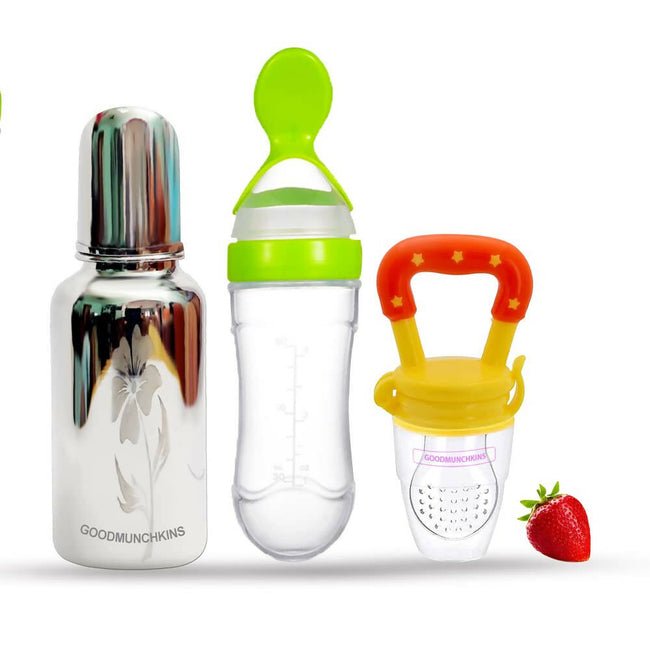 Goodmunchkins Stainless Steel Feeding Bottle, Food Feeder & Fruit Feeder Combo for Baby-(Green-Yellow, 220ml) Hover Image