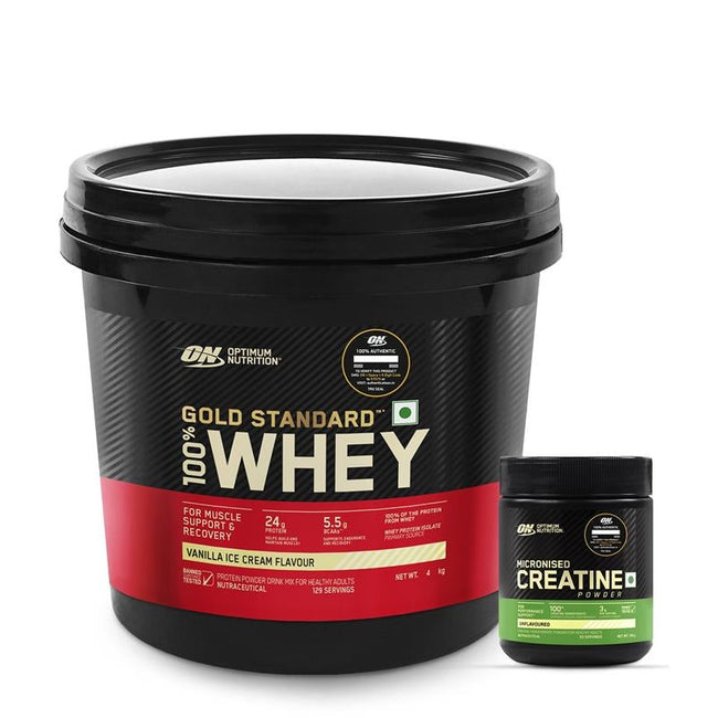 Optimum Nutrition Gold Standard 100% Whey Protein Powder (Vanilla Ice Cream) 4kg & Micronized Creatine Powder (Unflavoured) 100gm Hover Image