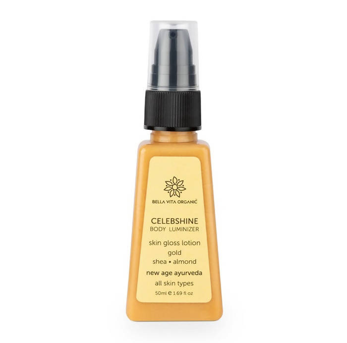 Bella Vita Organic Celeb Shine Body Luminizing Shimmer skin Gloss Lotion Gold Shea Butter Almond