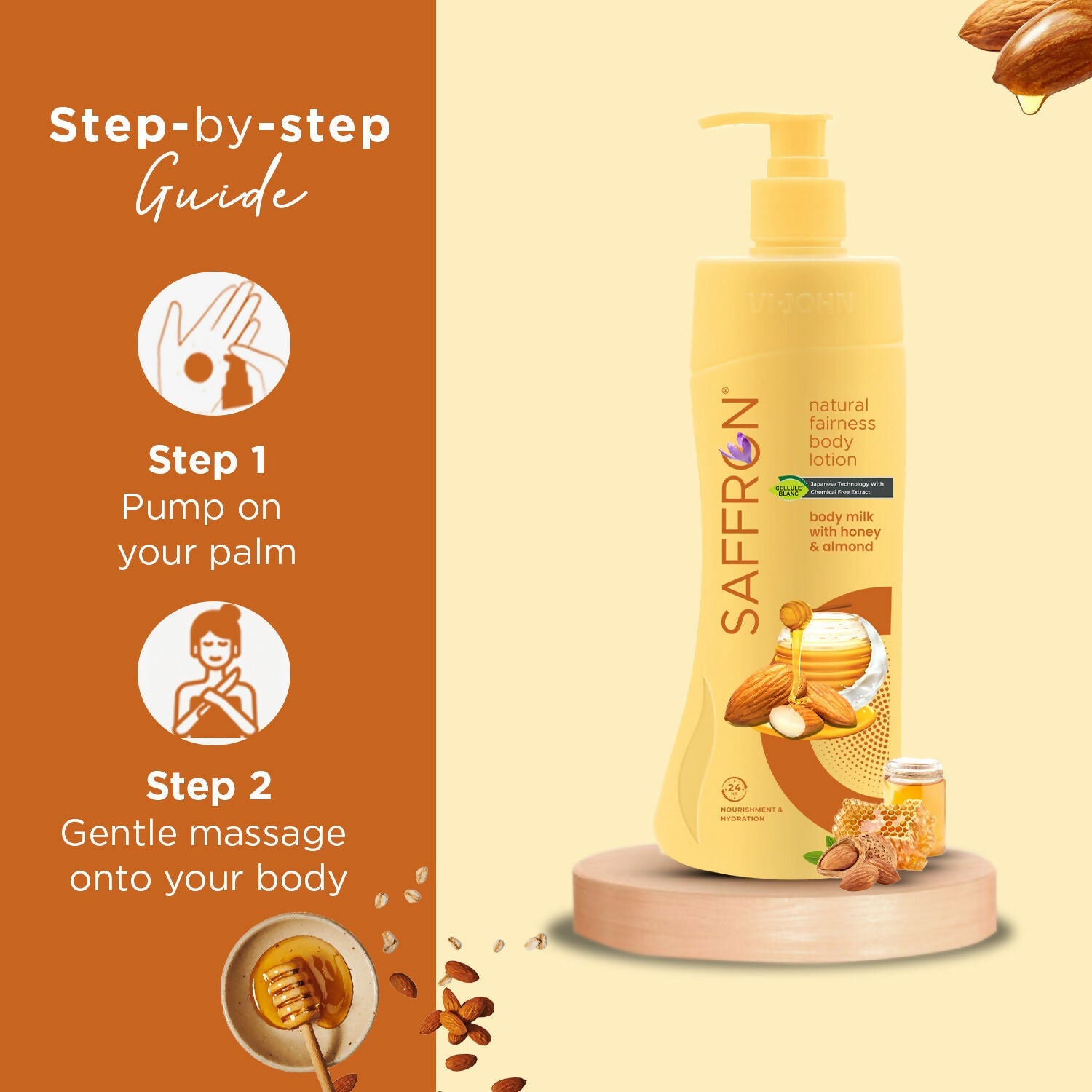 VI-JOHN Saffron Natural Fairness Body Lotion Body Milk with Honey & Almond Deep Nourishment & Radiant Glow For All Skin Types