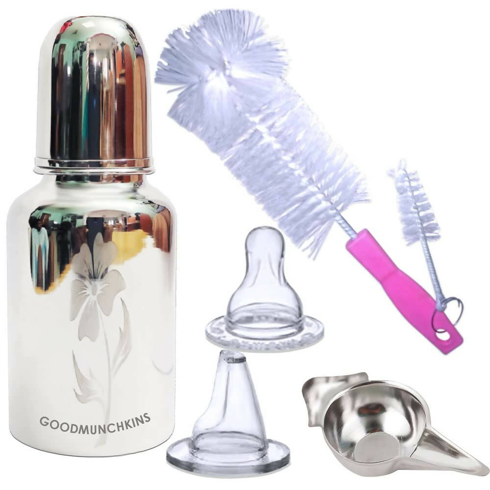 Goodmunchkins Stainless Steel Feeding Bottle with Bottle Cleaning Brush/Chakku/Anti Colic Silicone Nipple Combo-(150ml,Pink)