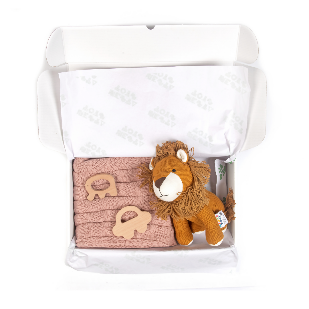 Nesta Toys Newborn Gift Set - Knitted Cotton Blanket, Lion Plush Toy, Elephant & Car Teether