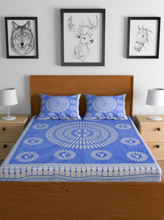 Urban Magic Blue Ethnic Motifs Printed Cotton 104 TC Queen Bedsheet With 2 Pillow Covers Main Image