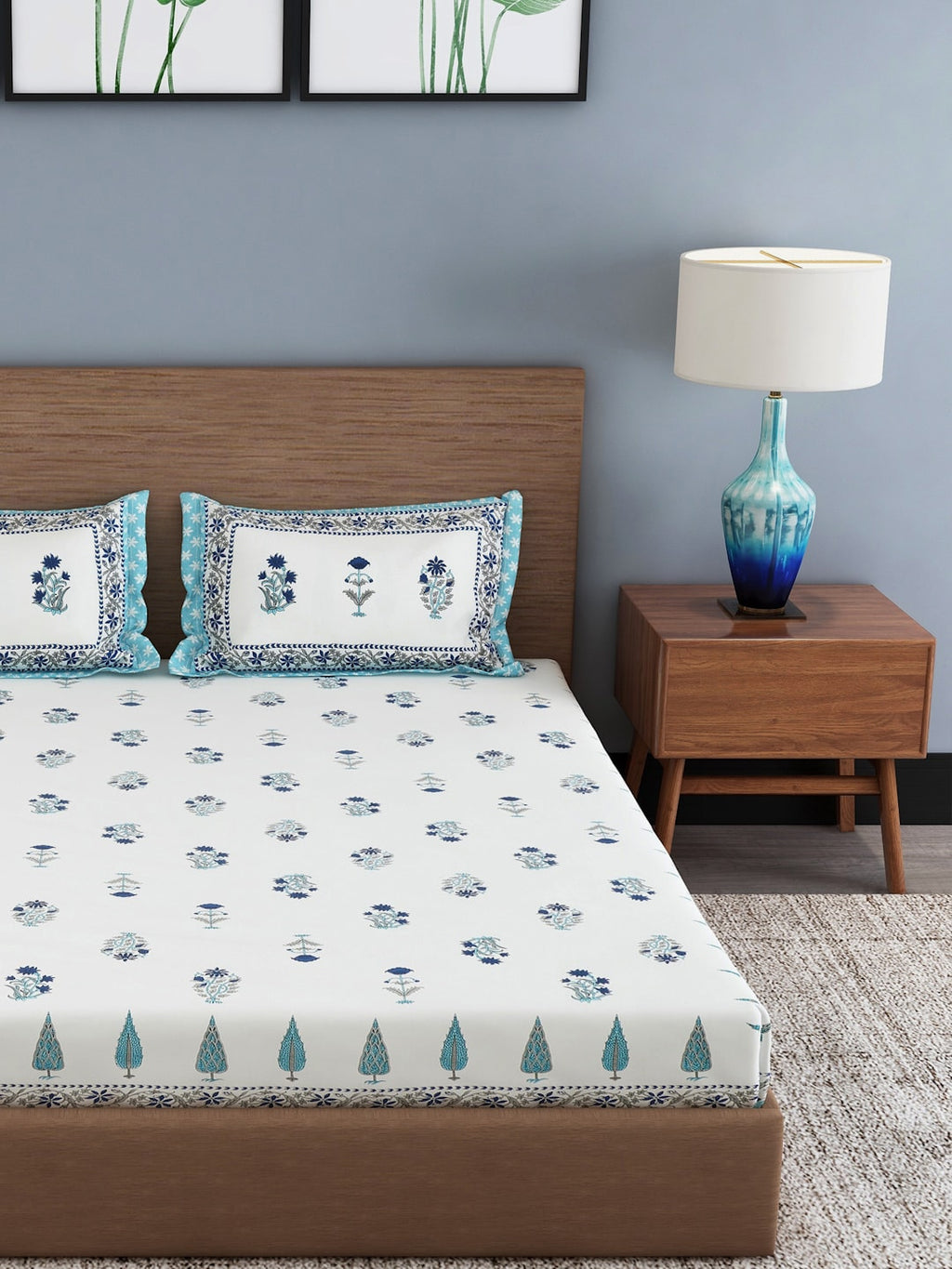 Rajasthan Decor Cream-Coloured & Blue Ethnic Motifs 180 TC Cotton 1 King Bedsheet with 2 Pillow Covers