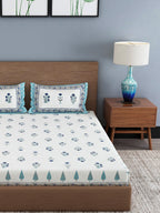 Rajasthan Decor Cream-Coloured & Blue Ethnic Motifs 180 TC Cotton 1 King Bedsheet with 2 Pillow Covers