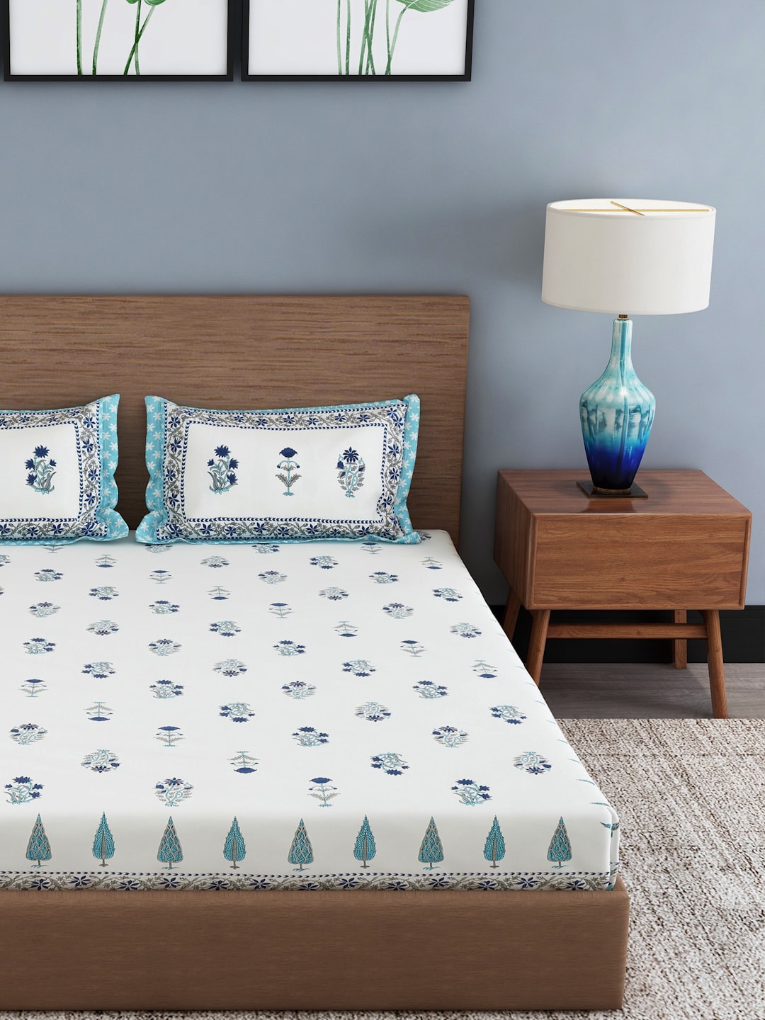 Rajasthan Decor Cream-Coloured & Blue Ethnic Motifs 180 TC Cotton 1 King Bedsheet with 2 Pillow Covers