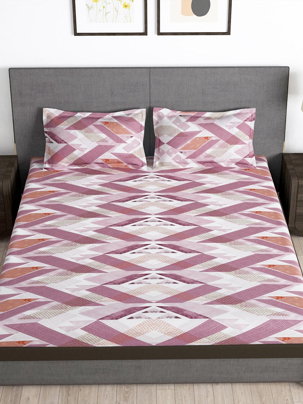Story@home Arena Pink & White Geometric Printed 180 TC Bedsheet & Pillow Covers