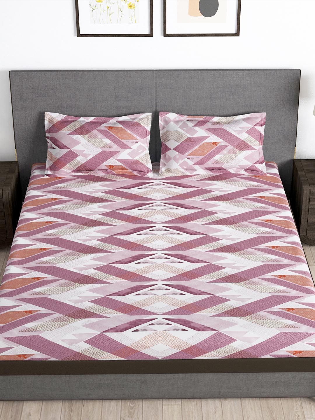 Story@home Arena Pink & White Geometric Printed 180 TC Bedsheet & Pillow Covers