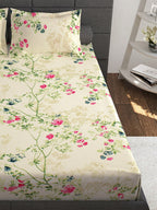 Story@home Ventura Cream & Green Floral 152 TC Cotton Queen Bedsheet with 2 Pillow Covers
