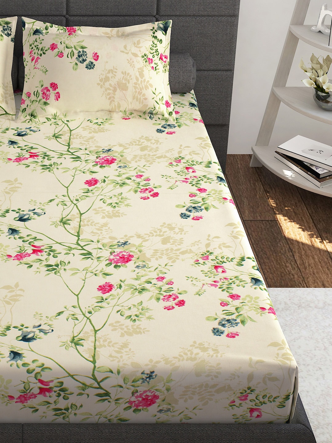 Story@home Ventura Cream & Green Floral 152 TC Cotton Queen Bedsheet with 2 Pillow Covers