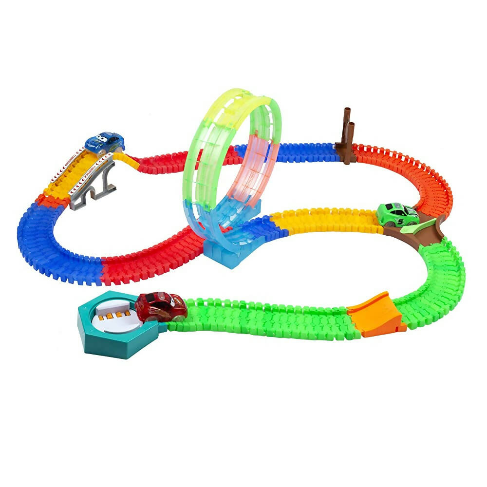 Kipa City Adventure 1 Magic Race car with 249 Bend Flex and Glow Tracks, Plastics brigde,Jumper,Crossing, Gate,Turn Plate, Rotation Plate Set for Kids
