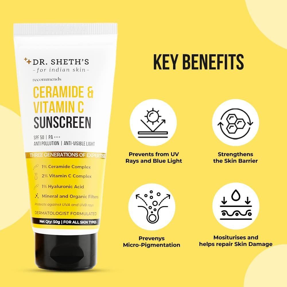 Dr. Sheth's Ceramide & Vitamin C Sunscreen SPF 50+ PA+++ | UVA UVB Protection | All Skin Types