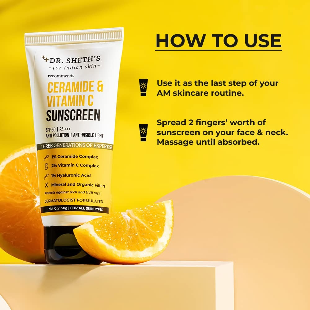 Dr. Sheth's Ceramide & Vitamin C Sunscreen SPF 50+ PA+++ | UVA UVB Protection | All Skin Types