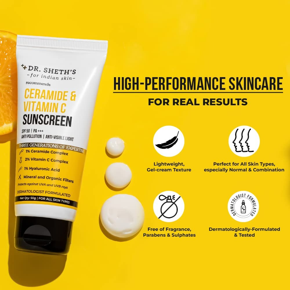 Dr. Sheth's Ceramide & Vitamin C Sunscreen SPF 50+ PA+++ | UVA UVB Protection | All Skin Types